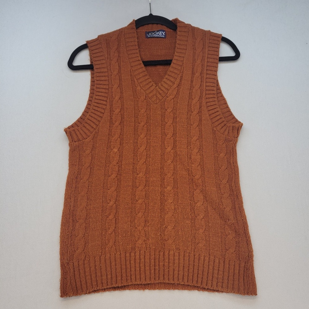 Jockey Sweater Vest Mens M Orange Cable Knit V-Neck Sleeveless Pullover Vintage